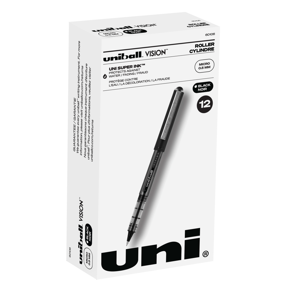 uni-ball Vision Rollerball Pens, Micro Point, 0.5 mm, Black Barrel, Black Ink, Pack Of 12