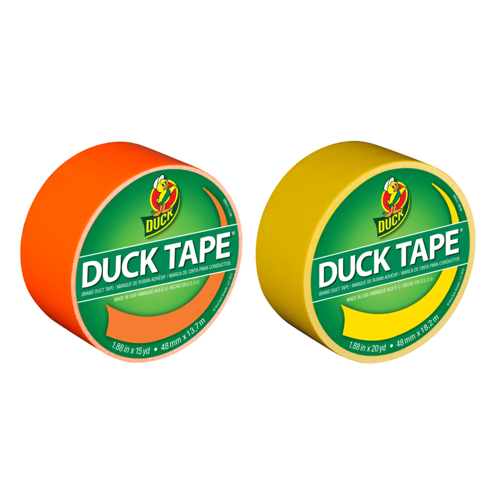 Duck Brand Duct Tape Rolls, 1.88in x 20 Yd/1.88in x 15 Yd., Yellow/Neon Orange, Pack Of 2 Rolls