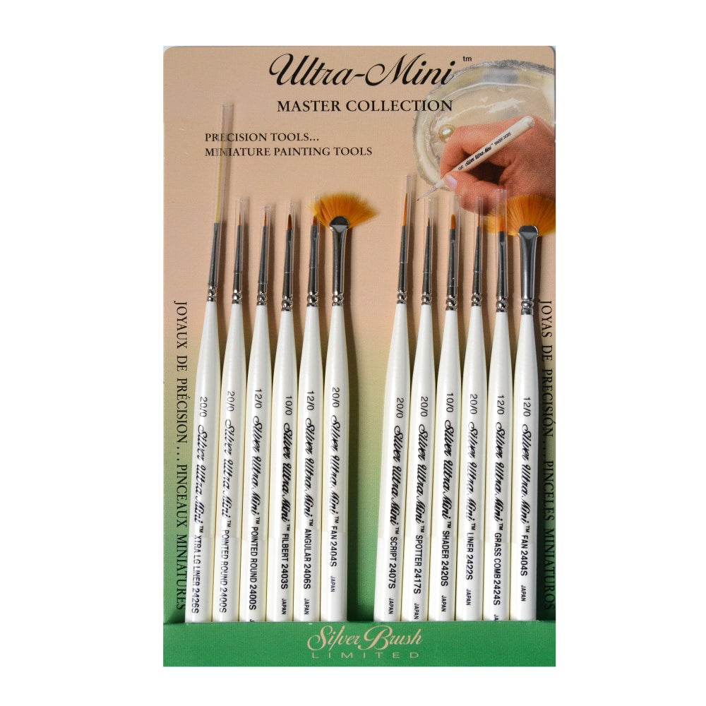 Silver Brush Ultra Mini Series Paint Brush Set, Precision Detail Painting Set, Assorted Sizes, Assorted Bristles, Synthetic, Pearl White, Set Of 12