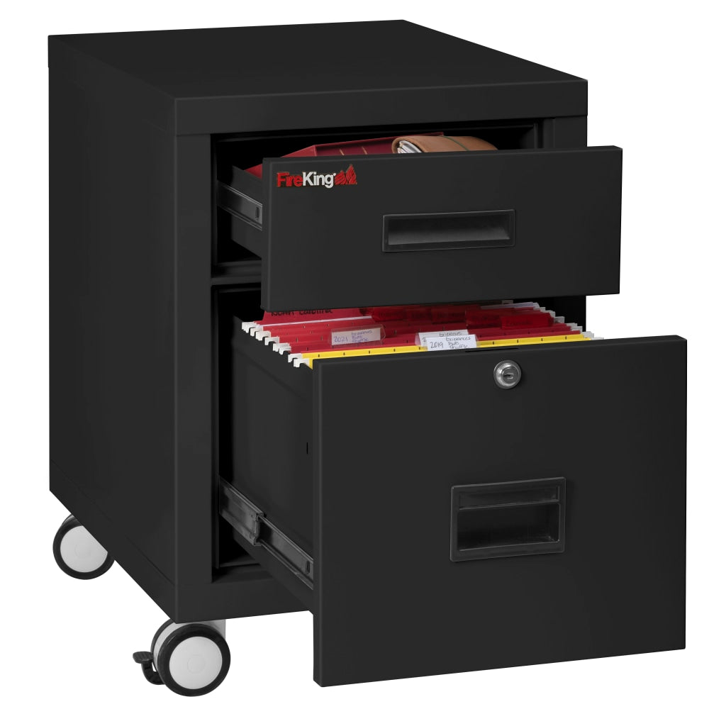 FireKing 18inW Vertical 2-Drawer Mobile Locking Fireproof File Cabinet, Metal, Black, White Glove Delivery