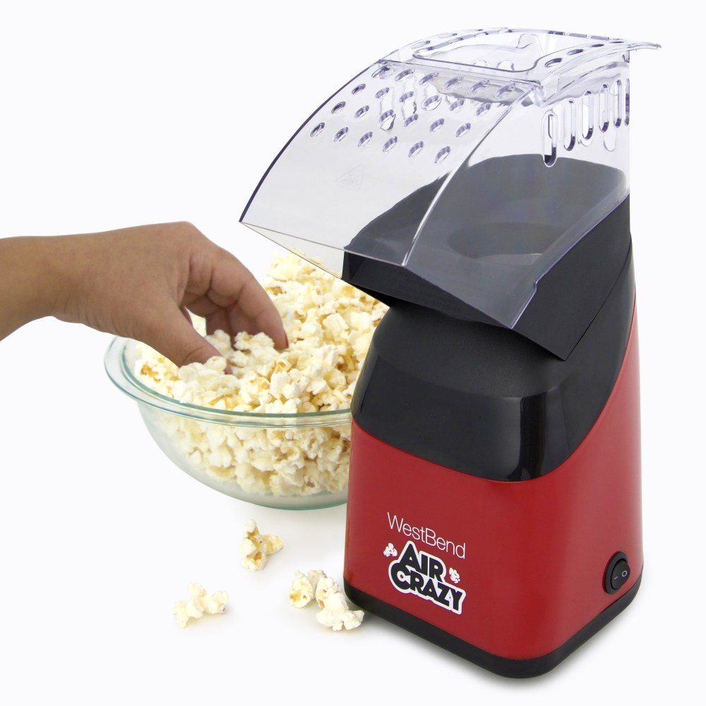 West Bend AirCrazy 4-Quart Popcorn Maker, 12-7/16inH x 5-9/16inW x 9-11/16inD, Red