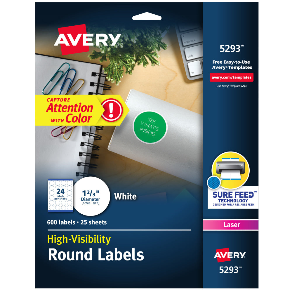 Avery High Visibility Labels With Sure Feed For Laser Printers, 5293, Round, 1-2/3in, White, Pack Of 600