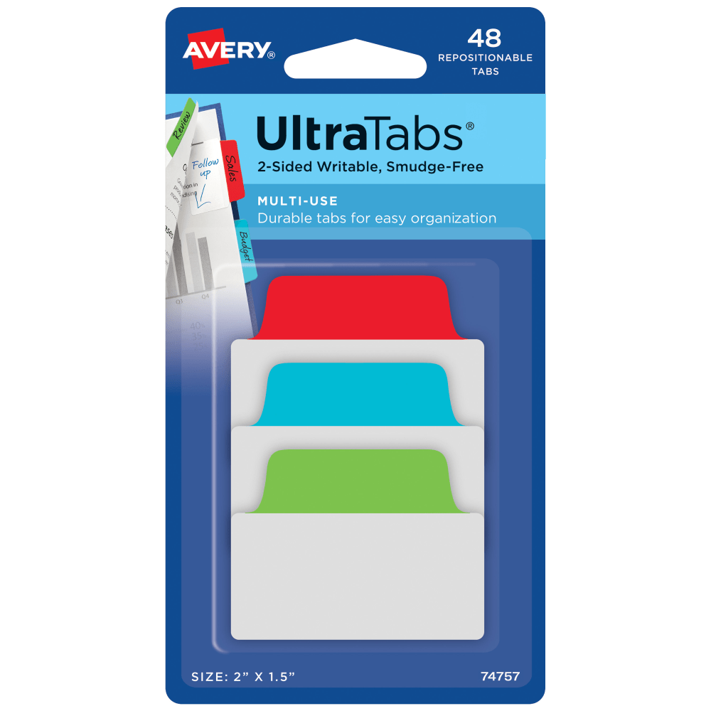 Avery Multiuse Ultra Tabs, 2-Side Writable, 2in x 1.5in, Red/Blue/Green, Pack Of 48 Repositionable Tabs