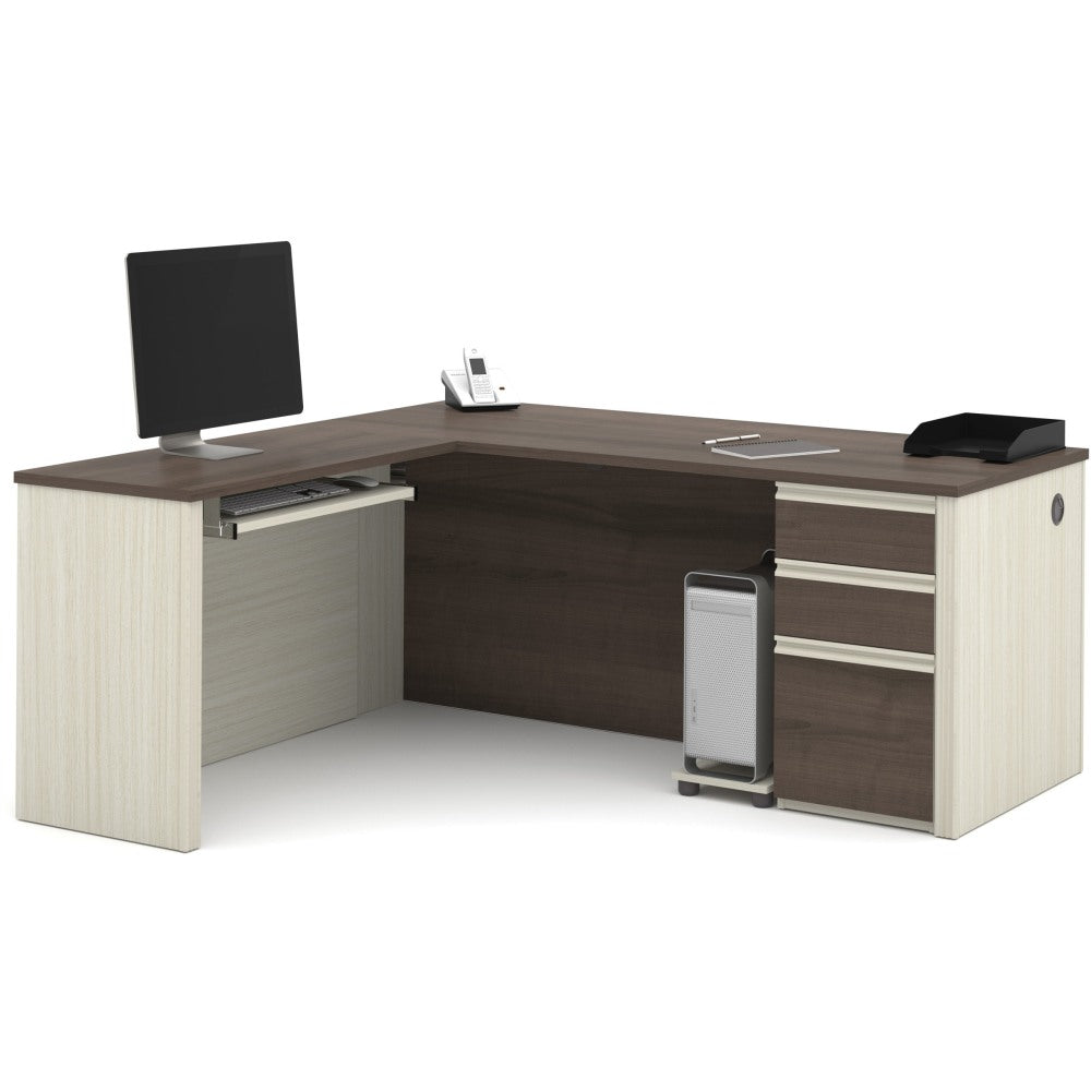 Bestar Prestige + 72inW L-Shaped Corner Desk With Pedestal, White Chocolate/Antigua