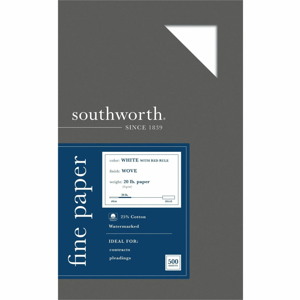 Southworth 25% Cotton Business Multi-Use Printer & Copy Paper, White/Red Ruled, Legal (8.5in x 14in), 500 Sheets Per Ream, 20 Lb, 94 Brightness