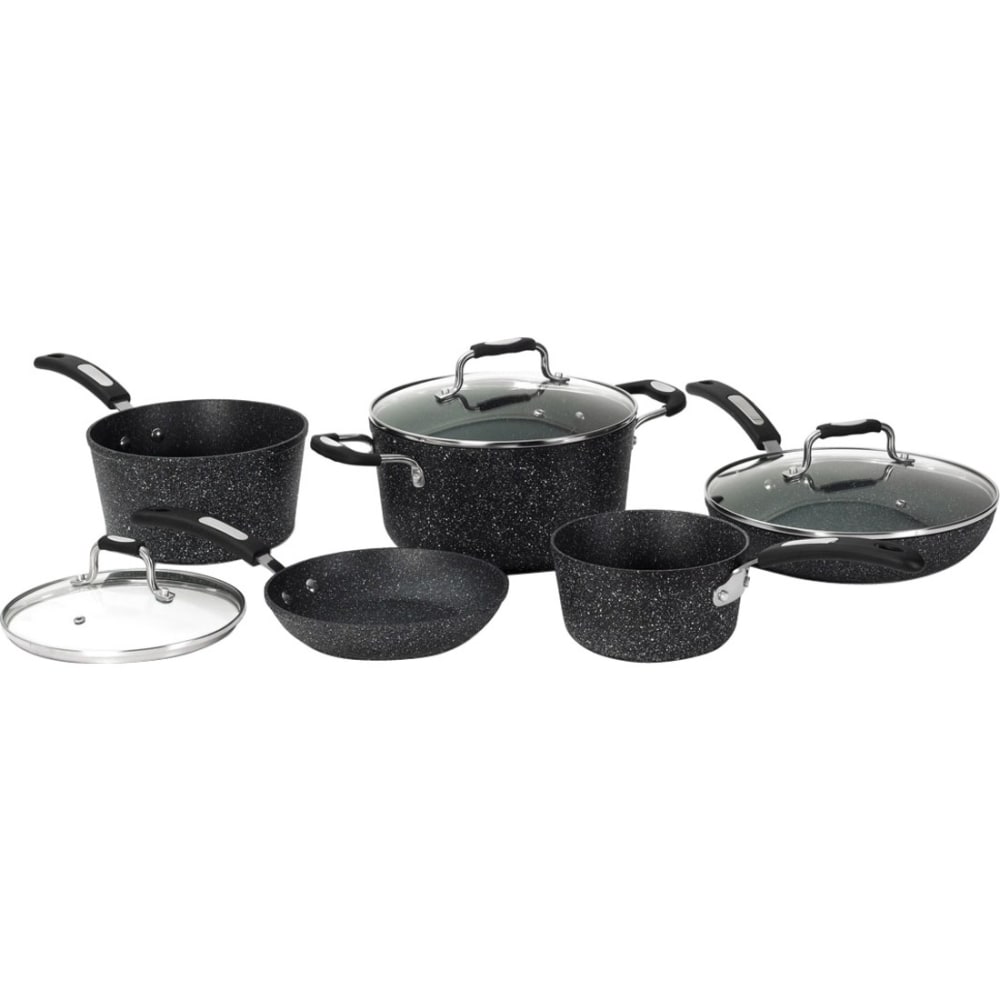 Starfrit The Rock 8-Piece Cookware Set with Bakelite Handles - 1.5 quart Saucepan, 3 quart Saucepan, 5 quart Stockpot, 8in Diameter Frying Pan, 10in Diameter Frying Pan, Lid - Aluminum Base, Plastic, Cast Stainless Steel - Cooking, Frying, Broiling