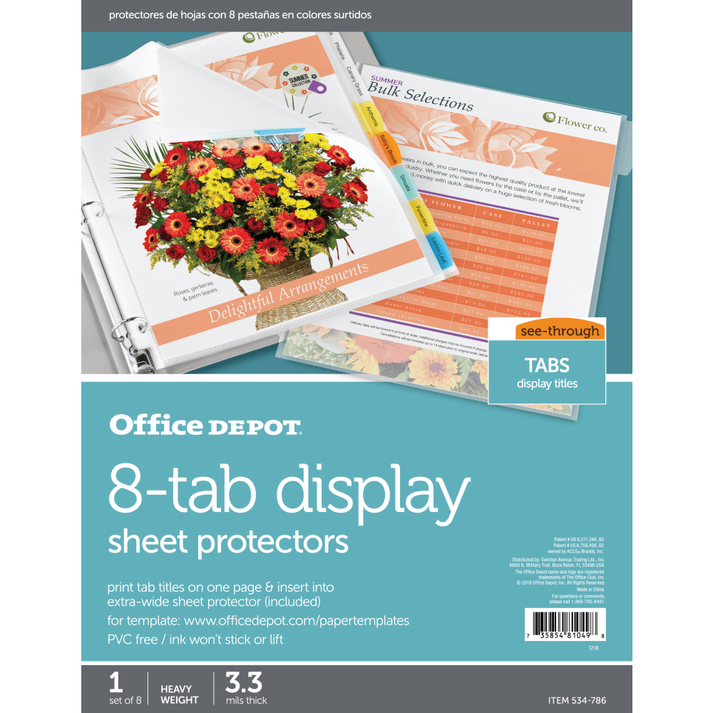 Office Depot Brand Tabbed Sheet Protectors, 8-Tab, Assorted Colors