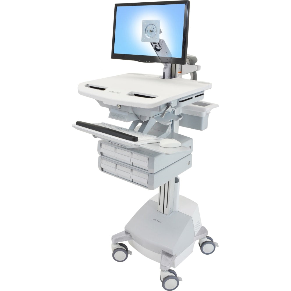 Ergotron StyleView Cart with LCD Arm, SLA Powered, 6 Drawers - 6 Drawer - 37 lb Capacity - 4 Casters - Aluminum, Plastic, Zinc Plated Steel - White, Gray, Polished Aluminum