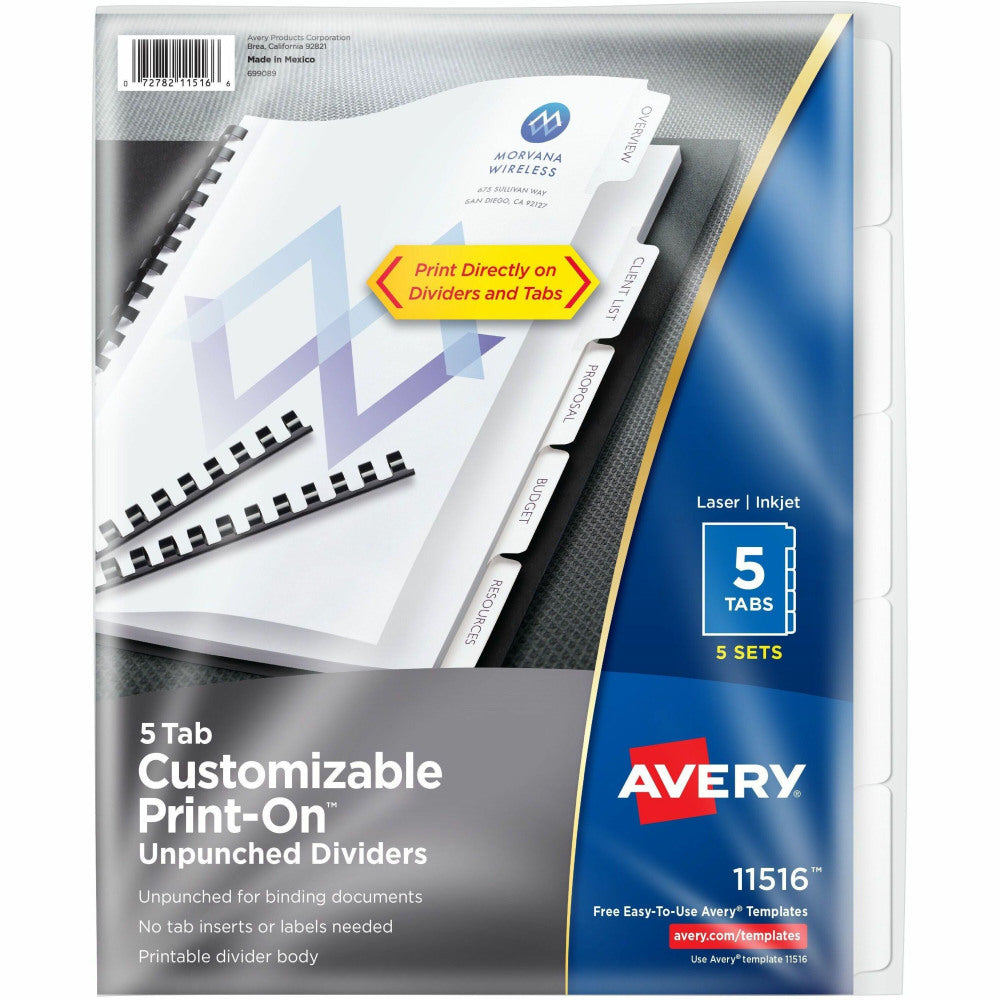 Avery Print-On Dividers, 8 1/2in x 11in, Unpunched, 5-Tab, White Dividers/White Tabs, Pack Of 5 Sets