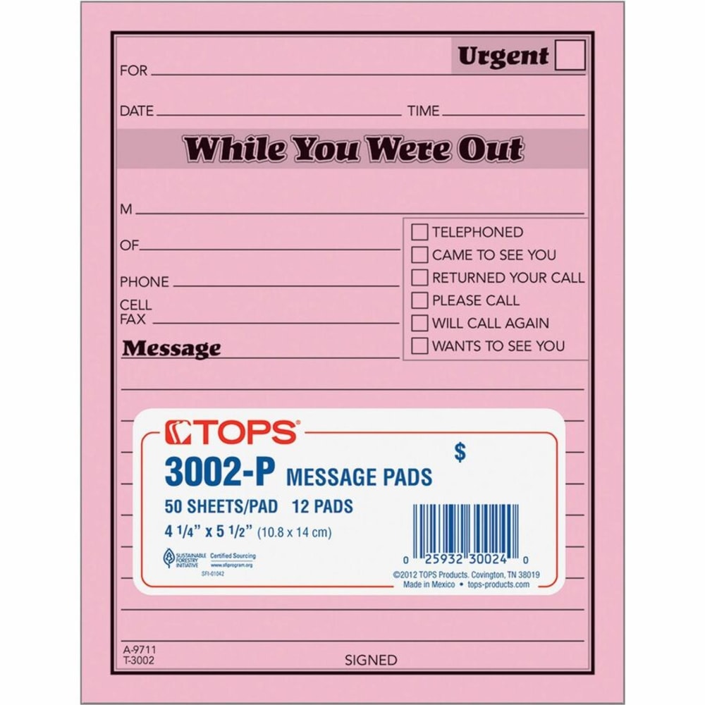 TOPS Important Message Note Pads, 4 1/2in x 5 1/2in, Pink, Pack Of 12