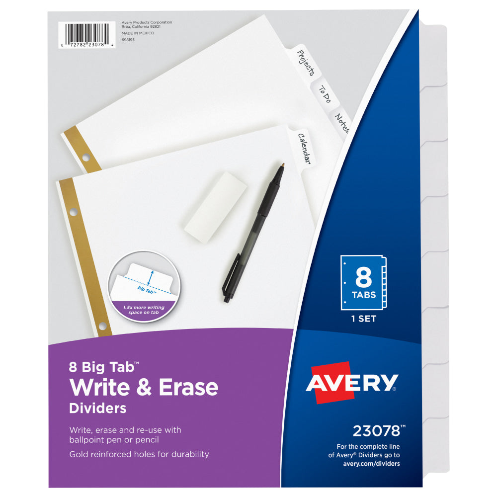 Avery Big Tab Write-On Tab Dividers With Erasable Laminated Tabs, 8-Tab, White