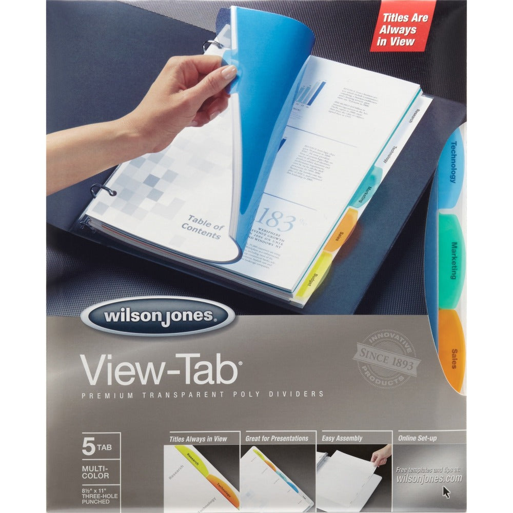 Wilson Jones View-Tab Transparent Dividers, 5-Tab, Square, Multicolor, Pack Of 5 Sets