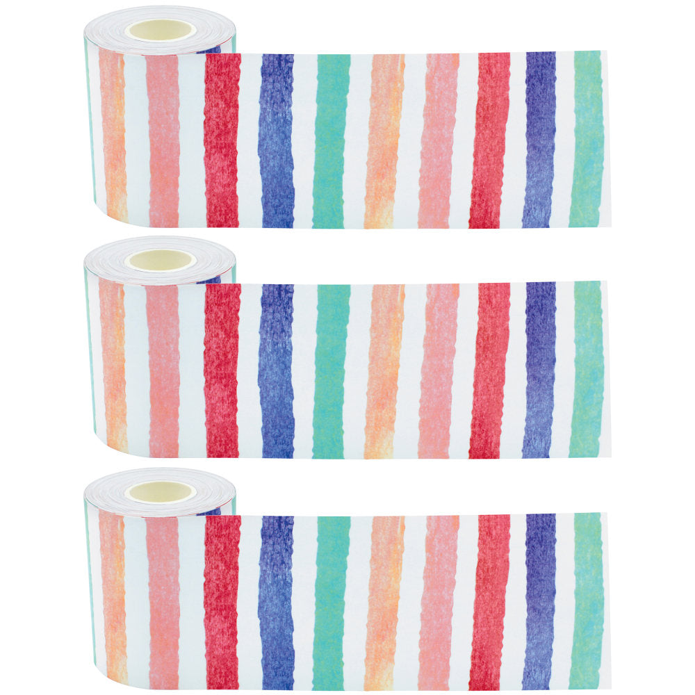 Teacher Created Resources Straight Rolled Border Trim, Watercolor Stripes, 50' Per Roll, Pack Of 3 Rolls