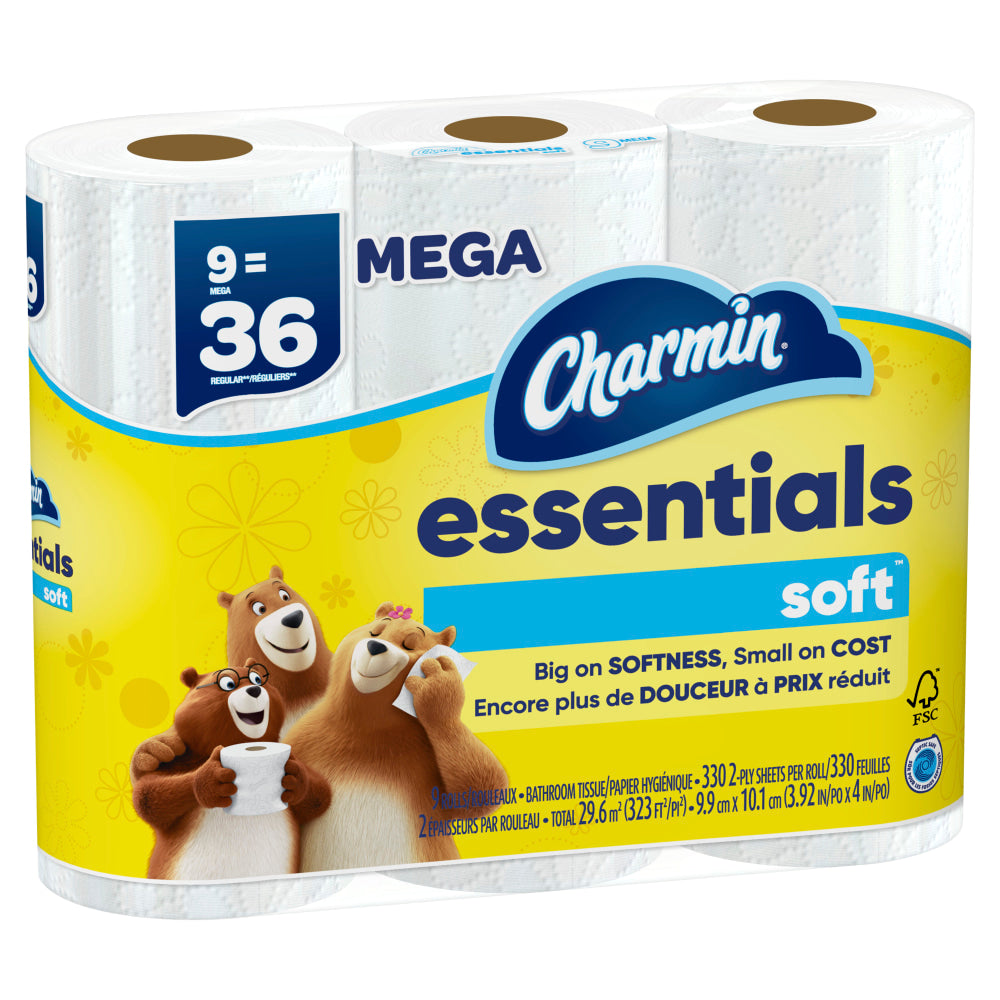 Charmin Essentials Soft Mega 2-Ply Toilet Paper Rolls, 4in x 4-1/2in, 330 Sheets Per Roll, White, Pack Of 9 Rolls