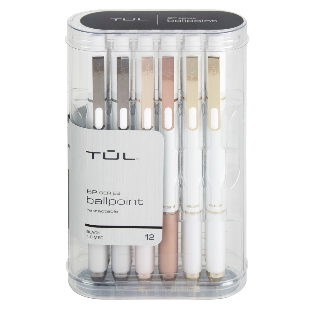 TUL BP Series Retractable Ballpoint Pens, Medium Point, 1.0 mm, Pearl White Barrel, Black Ink, Pack Of 12 Pens