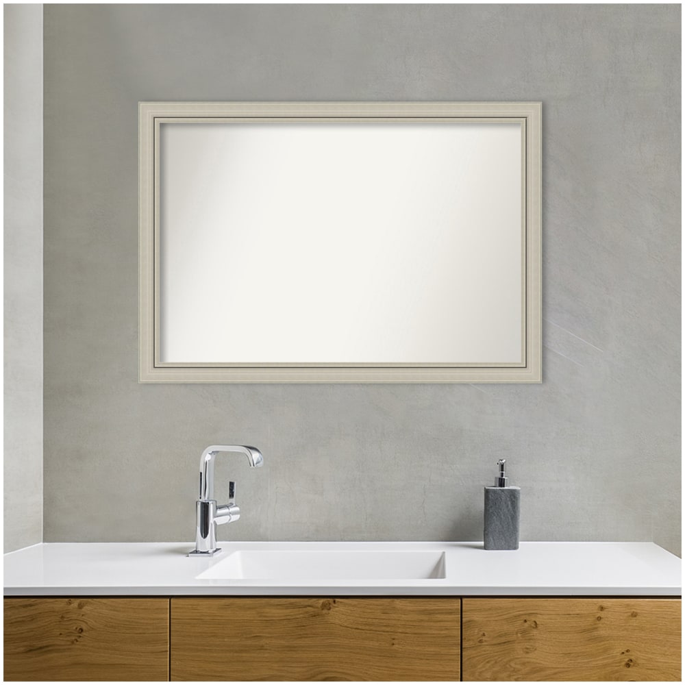 Amanti Art Narrow Non-Beveled Rectangle Wood-Framed Bathroom Wall Mirror, 27-3/4in x 39-3/4in, Romano Silver