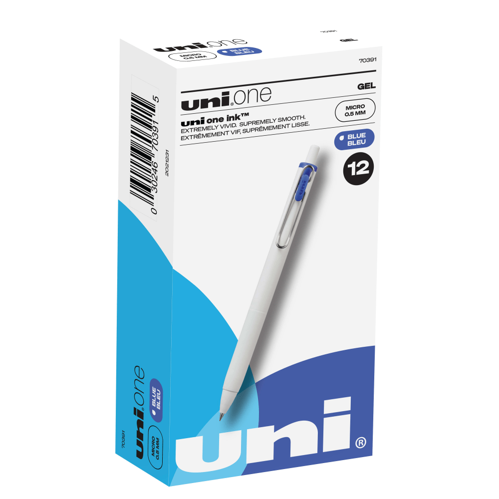 Uni-Ball One Retractable Gel Pens, Micro Point, 0.5 mm, White Barrel, Blue Ink, Pack Of 12 Pens