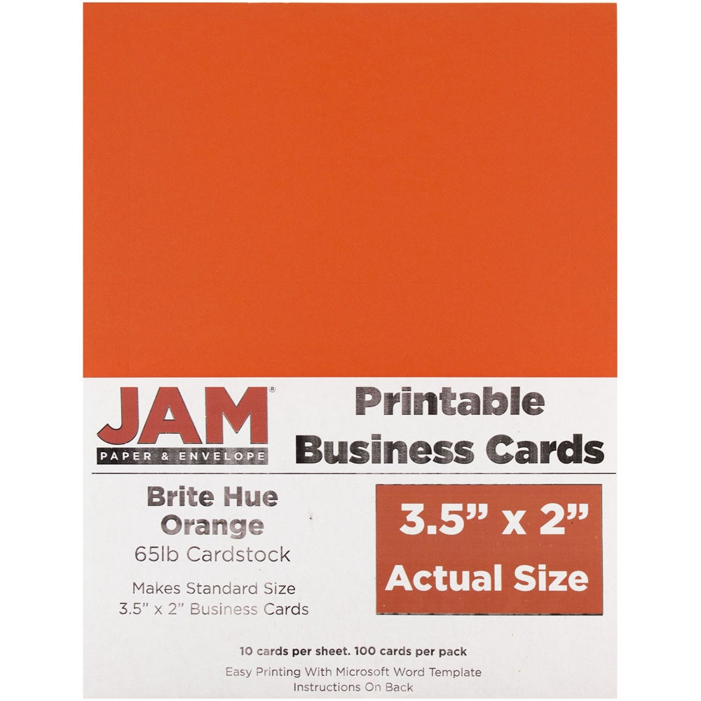 JAM Paper Printable Business Cards, 3 1/2in x 2in, Orange, 10 Cards Per Sheet, Pack Of 10 Sheets