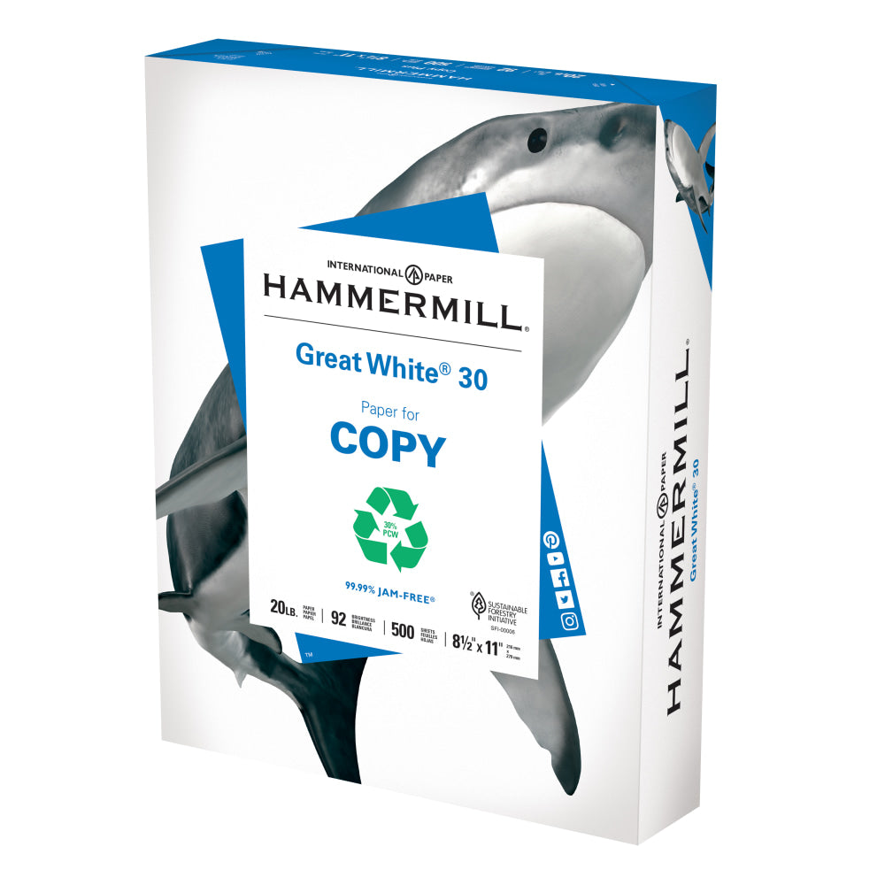 Hammermill Great White Copy Paper, White, Letter (8.5in x 11in), 500 Sheets Per Ream, 20 Lb, 92 Brightness, 30% Recycled