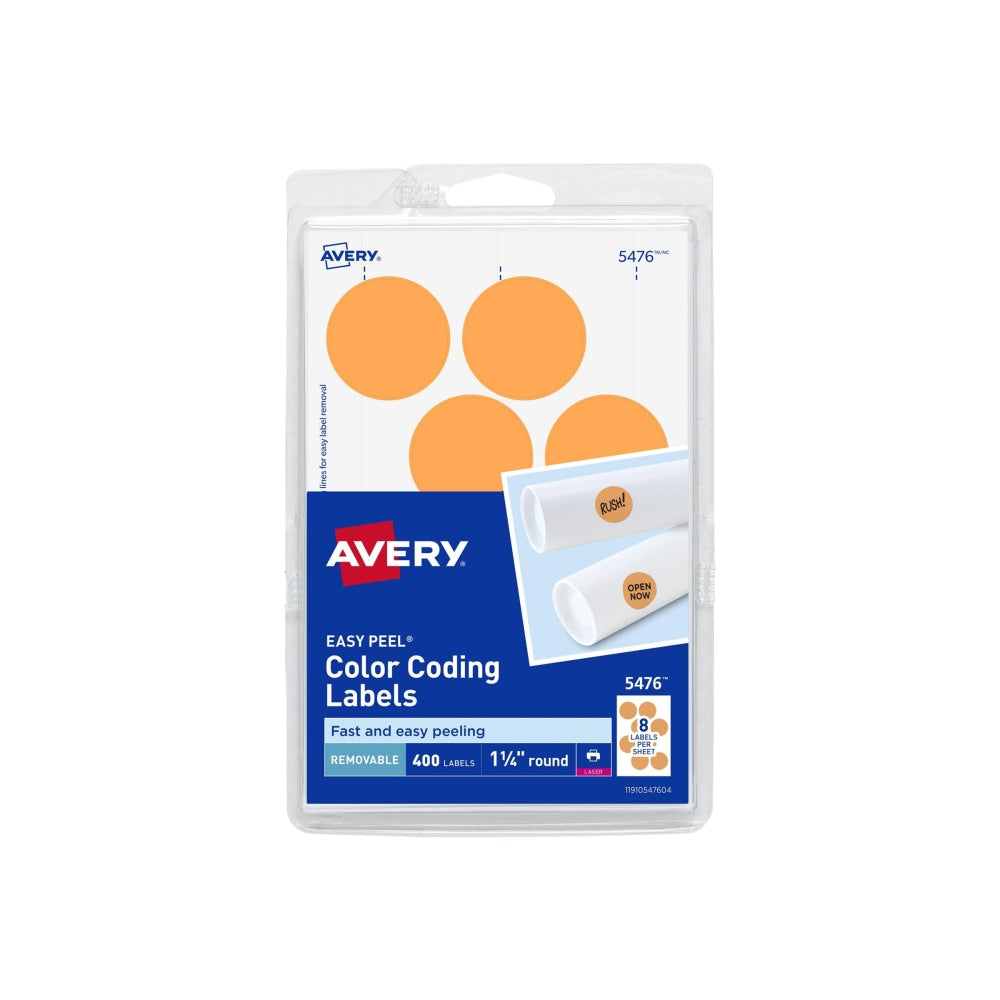 Avery Removable Color-Coding Labels, Removable Adhesive, 5476, Round, 1-1/4in Diameter, Neon Orange, Pack Of 400 Labels