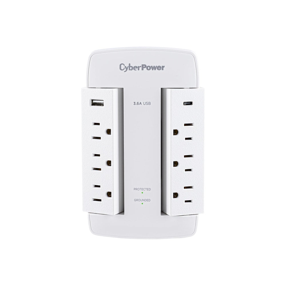 CyberPower CSP600WSURC5 Professional 6 - Outlet Surge with 900 J - NEMA 5-15P, Wall Tap, 2 - 3.6 Amps (Shared) USB, Lifetime Warranty