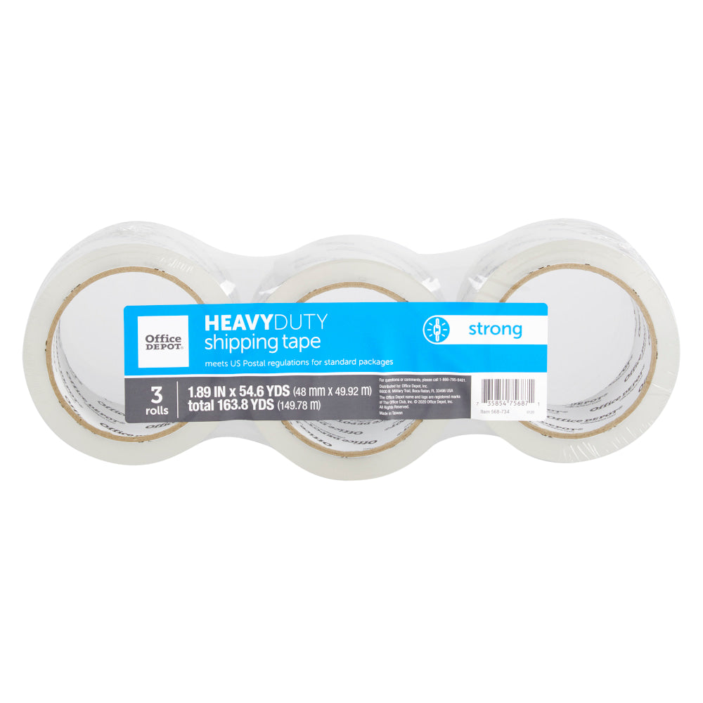 Office Depot Brand Heavy Duty Shipping Packing Tape,  1.89in x 54.6 Yd., Crystal Clear, Pack Of 3 Rolls