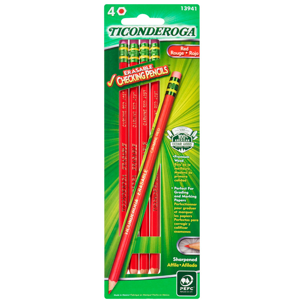 Ticonderoga Erasable Checking Pencils, 2.6 mm, Red, Pack Of 4 Pencils