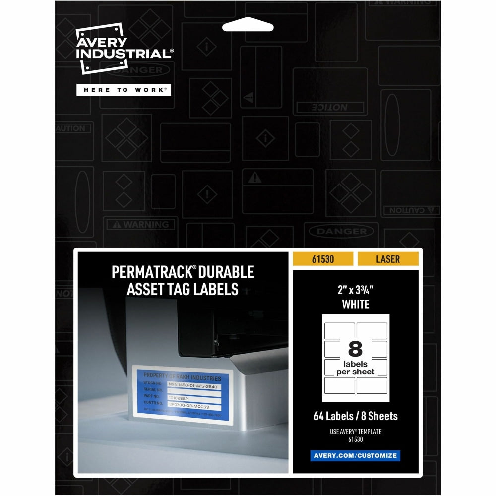 Avery PermaTrack Durable White Asset Tag Labels, 2in x 3-3/4in , 64 Asset Tags - 2in Width x 3 3/4in Length - Permanent Adhesive - Rectangle - Laser - White - Film - 8 / Sheet - 8 Total Sheets - 64 Total Label(s) - 5 - Water Resistant