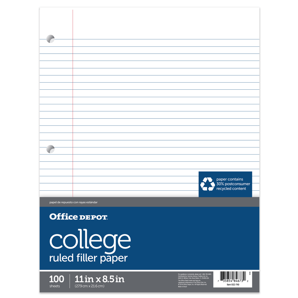 Office Depot Brand College-Ruled Notebook Filler Paper, 3-Hole Punched, 11in x 8 1/2in, 100 Sheets