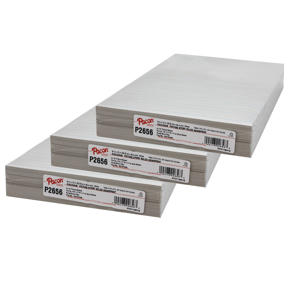 Pacon Newsprint Handwriting Paper, 9in x 12in, Ruled, White, 500 Sheets Per Pack, Set Of 3 Packs