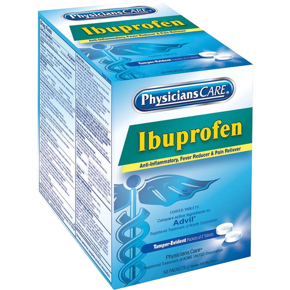 PhysiciansCare Ibuprofen Pain Reliever Medication, 2 Tablets Per Packet, Box of 50 Packets