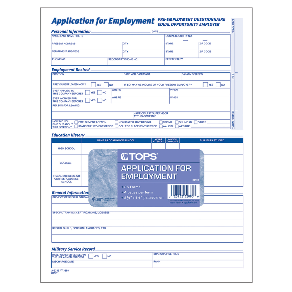 Adams Application For Employment, 8 1/2in x 11in, Pack Of 25