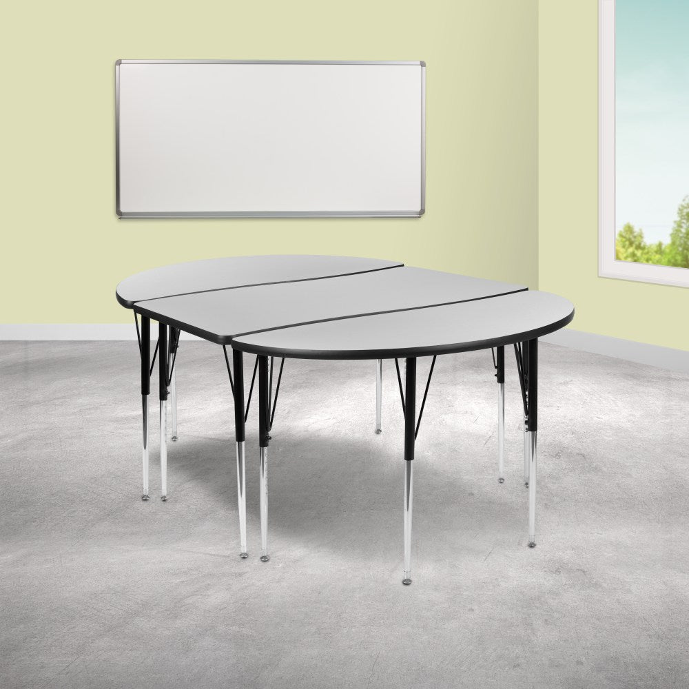 Flash Furniture Oval Wave Flexible Thermal Laminate 3-Piece Activity Table Set With Standard Height-Adjustable Legs, 30-1/4inH x 47-1/2inW x 76inD, Gray