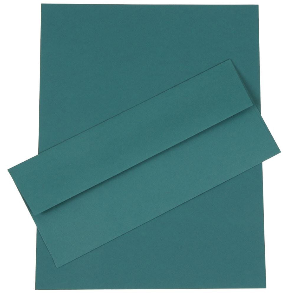 JAM Paper Business Stationery Set, 8 1/2in x 11in, Teal, Set Of 50 Sheets And 50 Envelopes