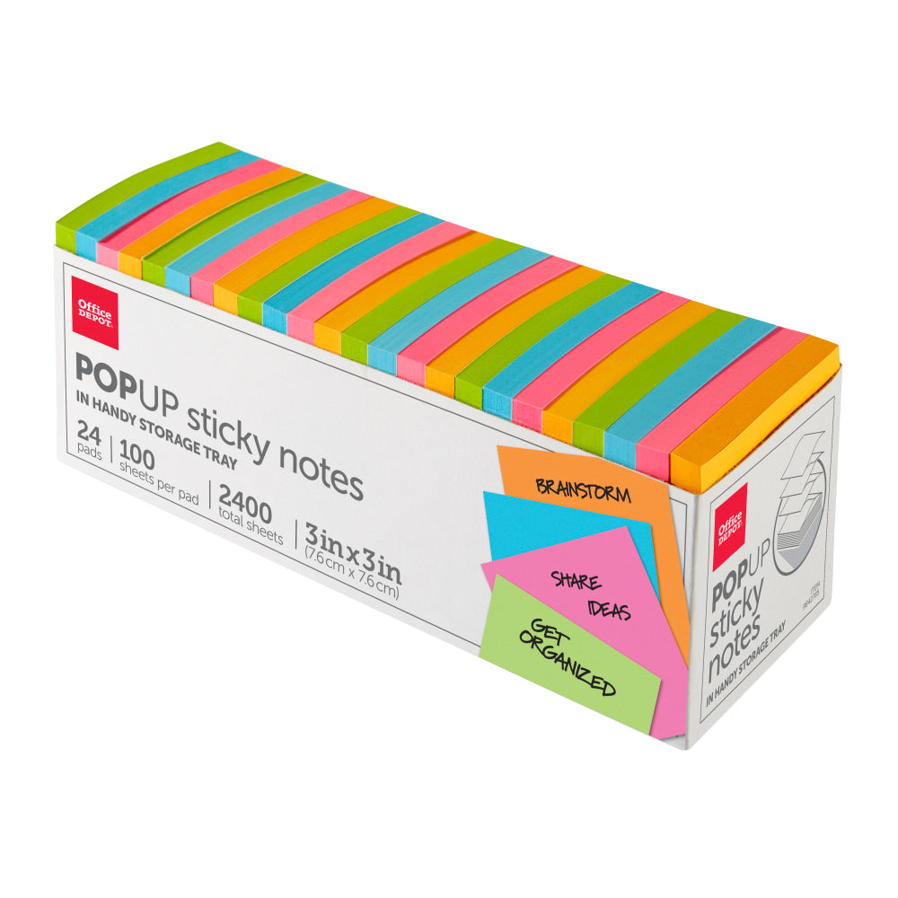 Office Depot Brand Pop Up Sticky Notes, With Storage Tray, 3in x 3in, Assorted Vivid Colors, 100 Sheets Per Pad, Pack Of 24 Pads