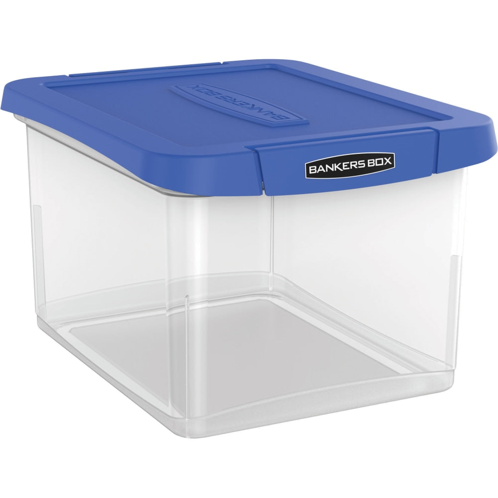 Bankers Box Heavy-Duty Portable Storage File Box, Letter/Legal Size, 10 5/8in x 14 3/16in x 17 3/8in, Clear/Blue