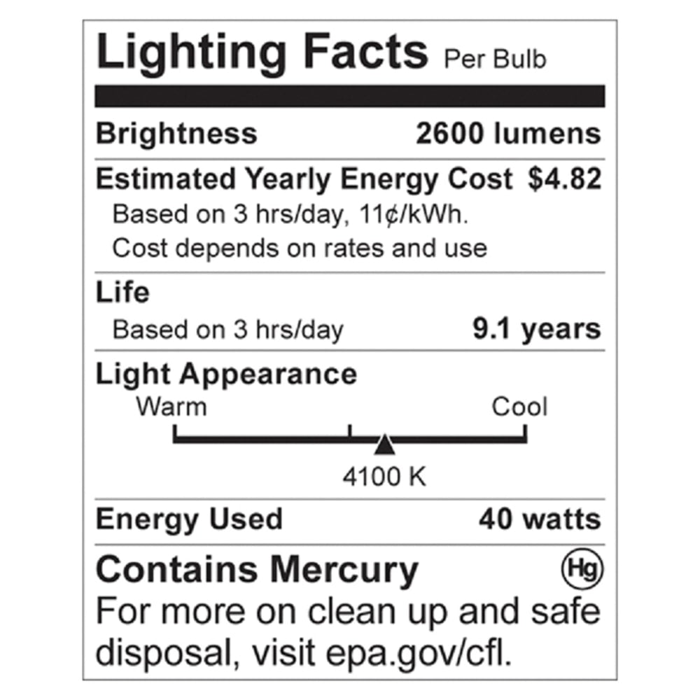 Satco 40-watt T4 Spiral CFL Bulb - 40 W - 150 W Incandescent Equivalent Wattage - 120 V AC - 2600 lm - Spiral - T4 Size - Cool White Light Color - E26 Base - 10000 Hour - 6920.3 deg.F (3826.8 deg.C) Color Temperature - 82 CRI