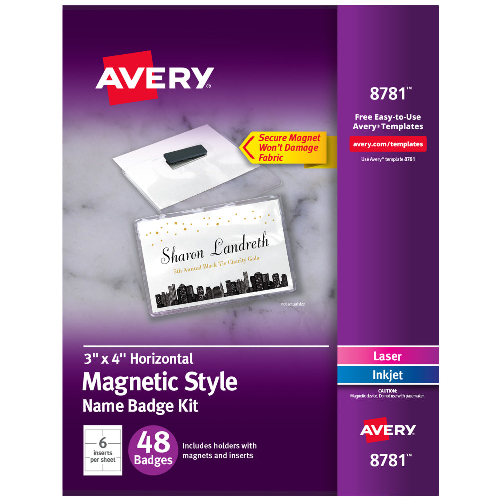 Avery Magnetic Style Name Badge Kit, 3in x 4in, White, Pack Of 48 Badges