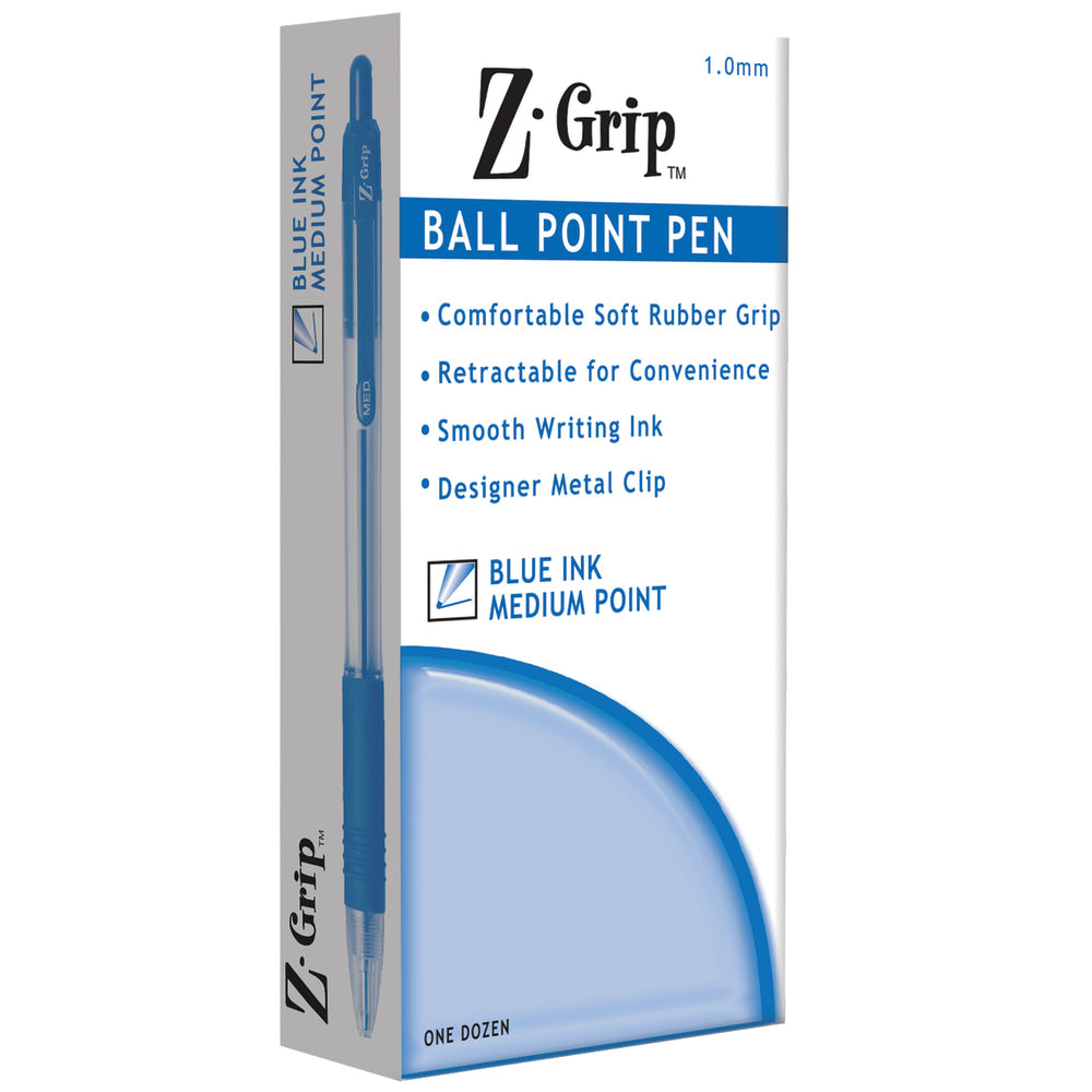 Zebra Pen Z-Grip Retractable Ballpoint Pens, Pack Of 12, Medium Point, 1.0 mm, Tinted Barrel, Blue Ink