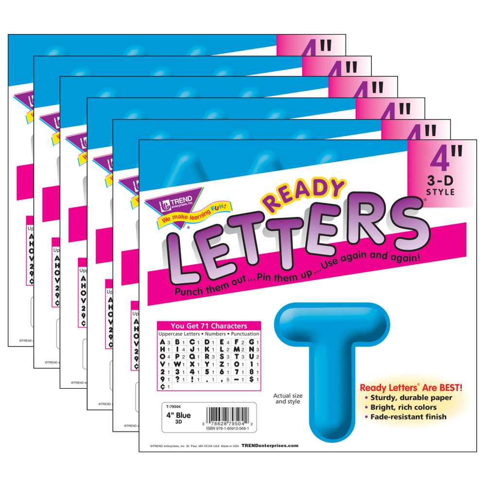 TREND Ready Letters, 4in, 3-D Uppercase, Blue, Set Of 6 Packs