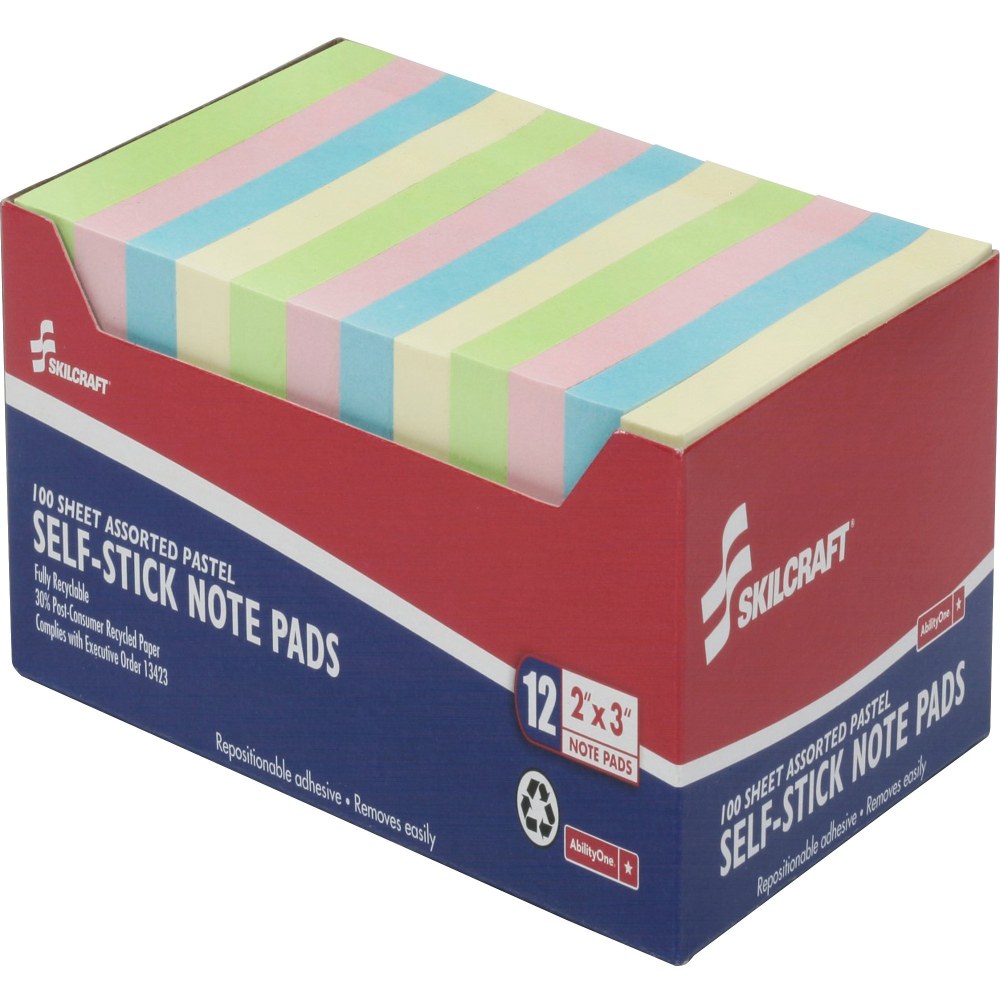 SKILCRAFT Self-Stick 30% Recycled Notes, 1200 Total Notes, Pack Of 12 Pads, 2in x 3in, Multicolor, 100 Notes Per Pad, (AbilityOne 7530-01-398-2660)