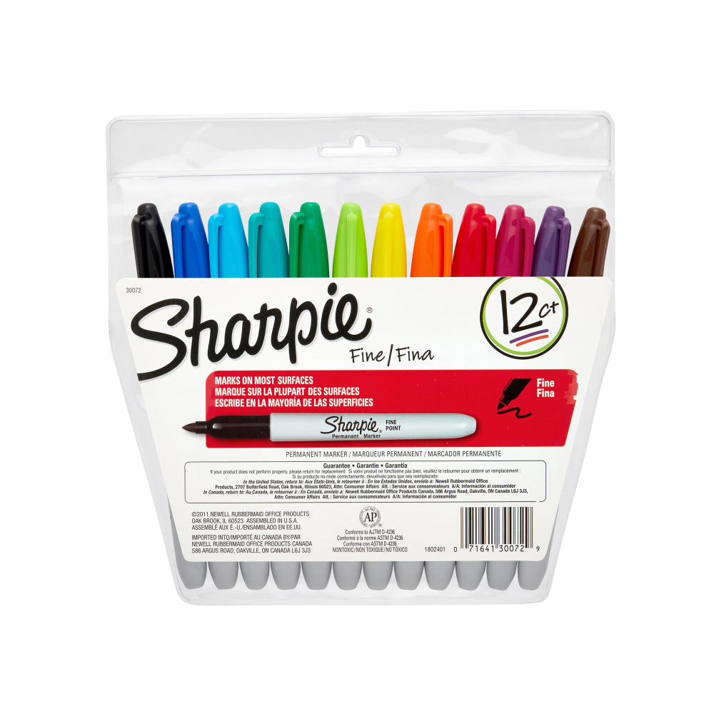 Sharpie Permanent Fine-Point Markers, Assorted Colors, Pack Of 12