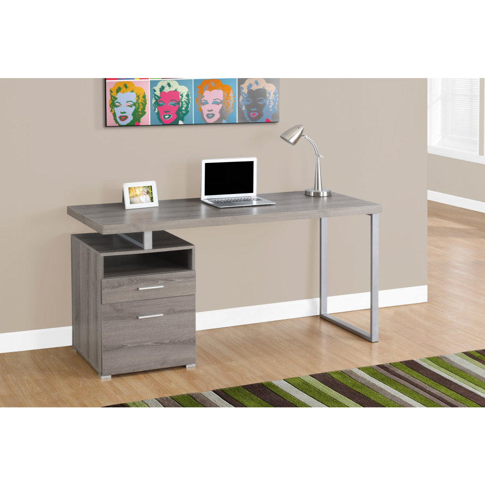 Monarch Specialties Contemporary 60inW Computer Desk With 2 Drawers And Open Shelf, Dark Taupe/Silver