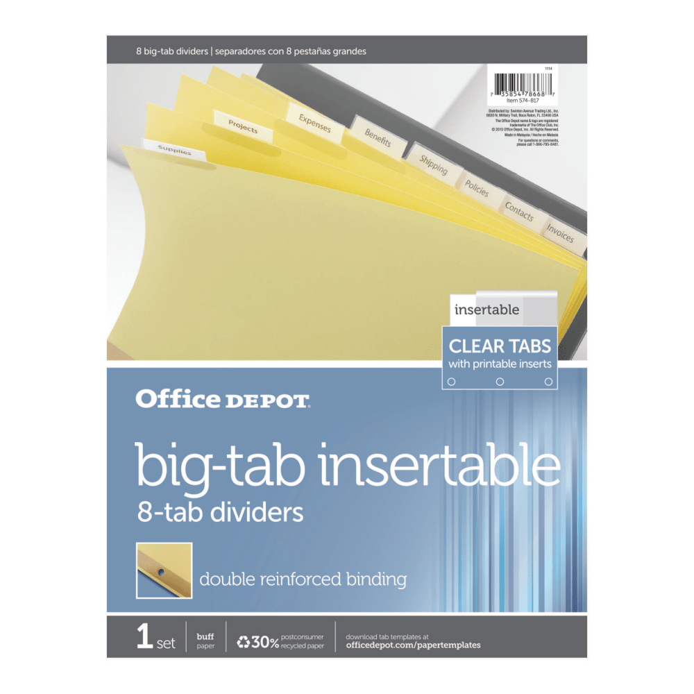 Office Depot Brand Insertable Dividers With Big Tabs, Buff, Clear Tabs, 8-Tab