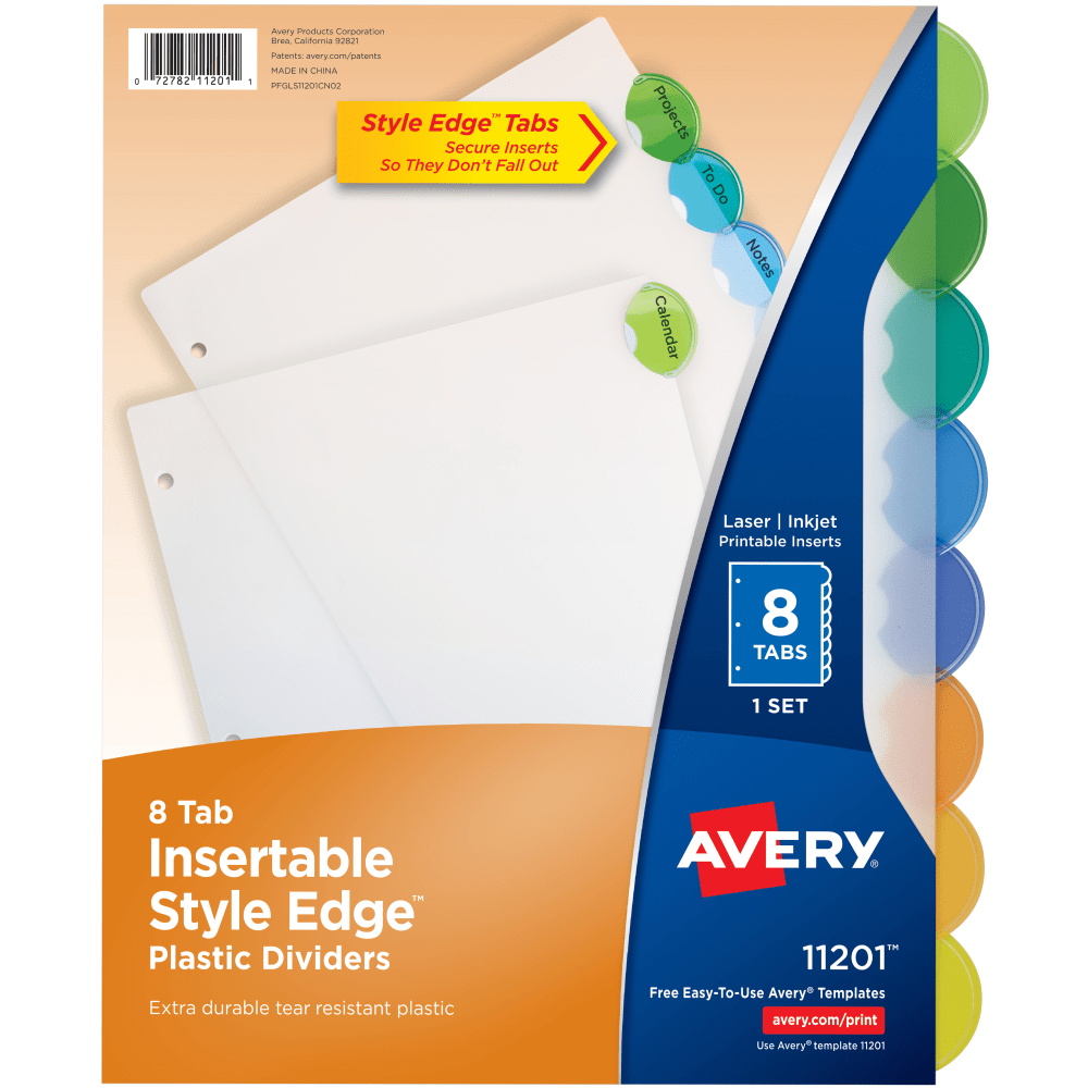 Avery Style Edge Insertable Plastic Dividers, Multicolor, 8-Tab, Pack Of 8 Dividers