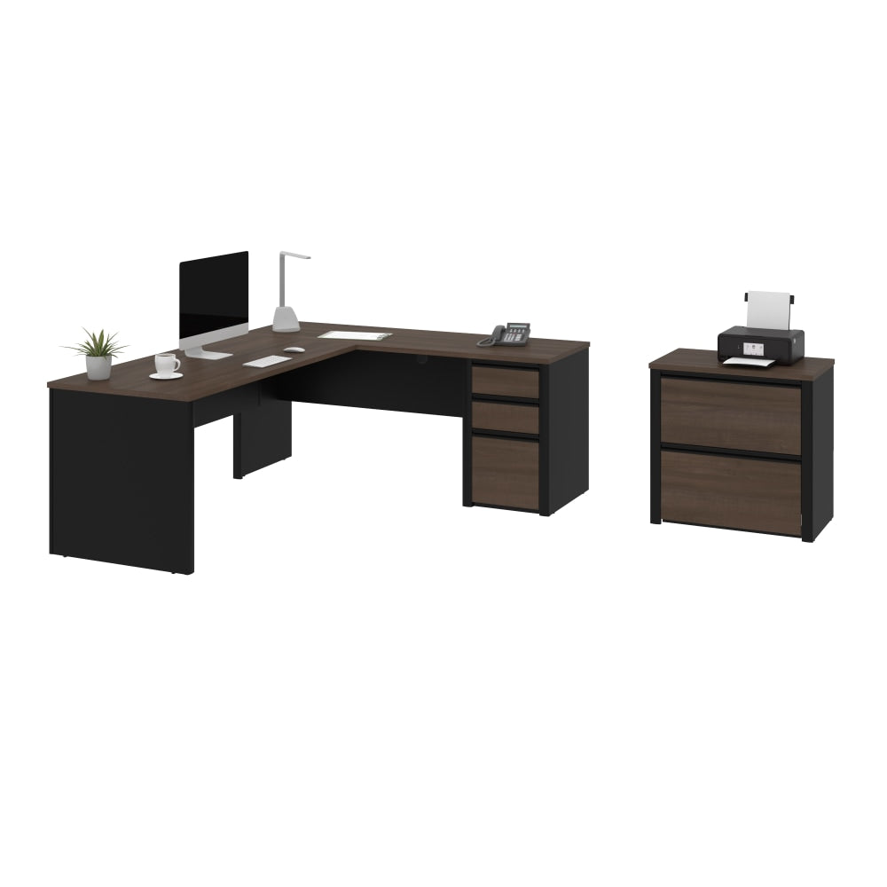 Bestar Connexion 72inW L-Shaped Corner Desk With Lateral File Cabinet, Antigua/Black