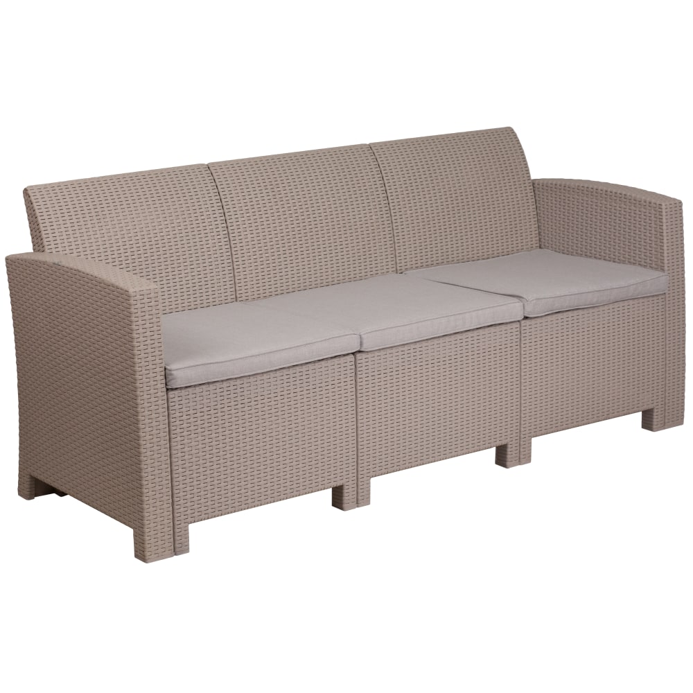 Flash Furniture Faux Rattan Outdoor Sofa With All-Weather Cushions, Light Gray