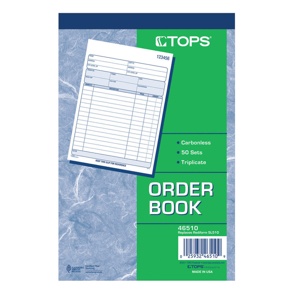 Tops Sales Order Book, 5 1/2in x 8 3/8in, 3-Part, White/Canary/Pink, Book Of 50 Sheets