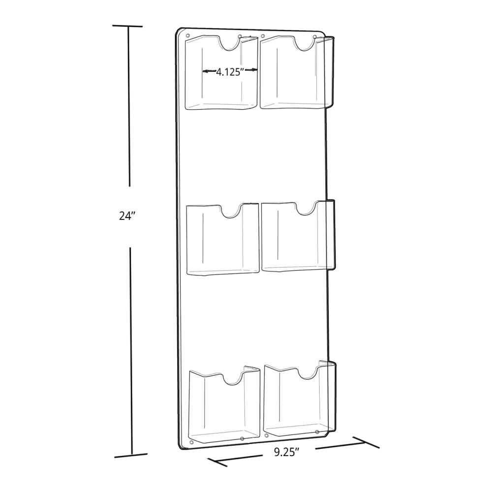 Azar Displays 6-Pocket Vertical Trifold Wall-Mount Brochure Holders, 24inH x 9-1/4inW x 1-3/4inD, Clear, Pack Of 2 Holders