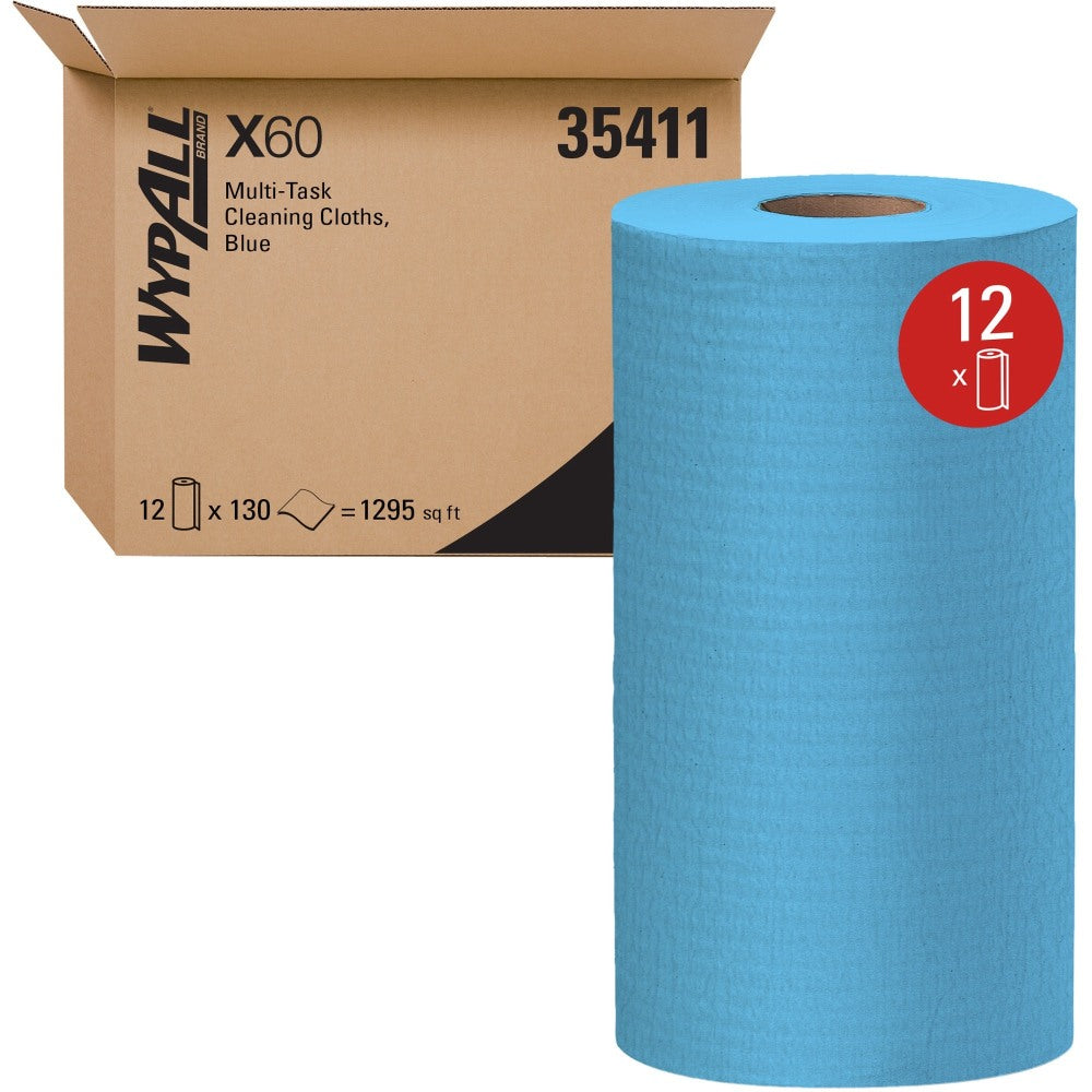 Wypall General Clean X60 Multi-Task Cleaning Cloths - 12.20in Length x 9.80in Width - 130 / Roll - 12 / Carton - Absorbent, Reinforced, Strong, Perforated, Durable, Reusable, Residue-free, Sturdy - Blue